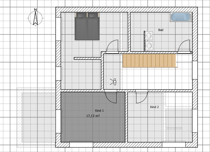 2D Grundriss eines Hauses mit zwei Kinderzimmern, Bad, Flur und Treppenbereich