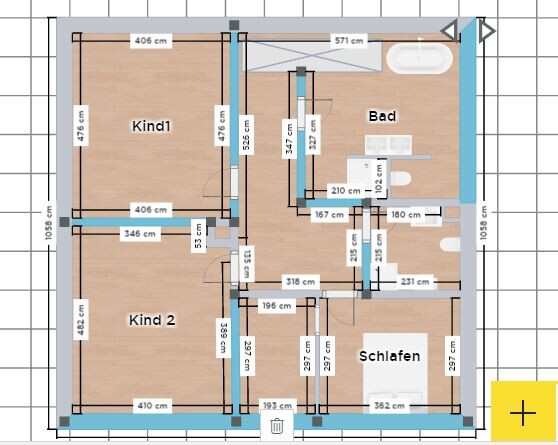 Grundriss eines Hauses mit zwei Kinderzimmern, Bad, Schlafzimmer und Flur; alle Räume mit Maßangaben.