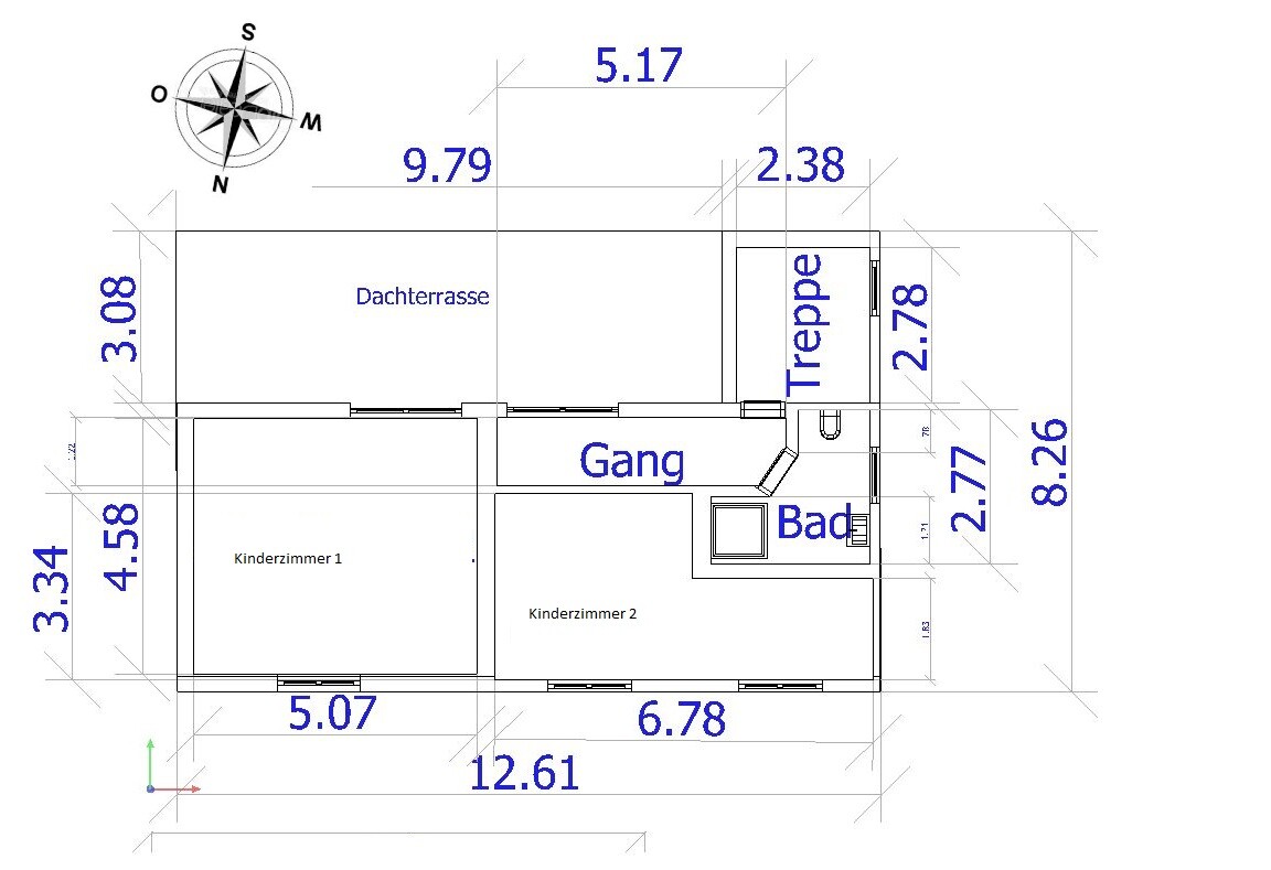 Grundriss eines Hauses mit Dachterrasse, Gang, Treppe, Bad und zwei Kinderzimmern.