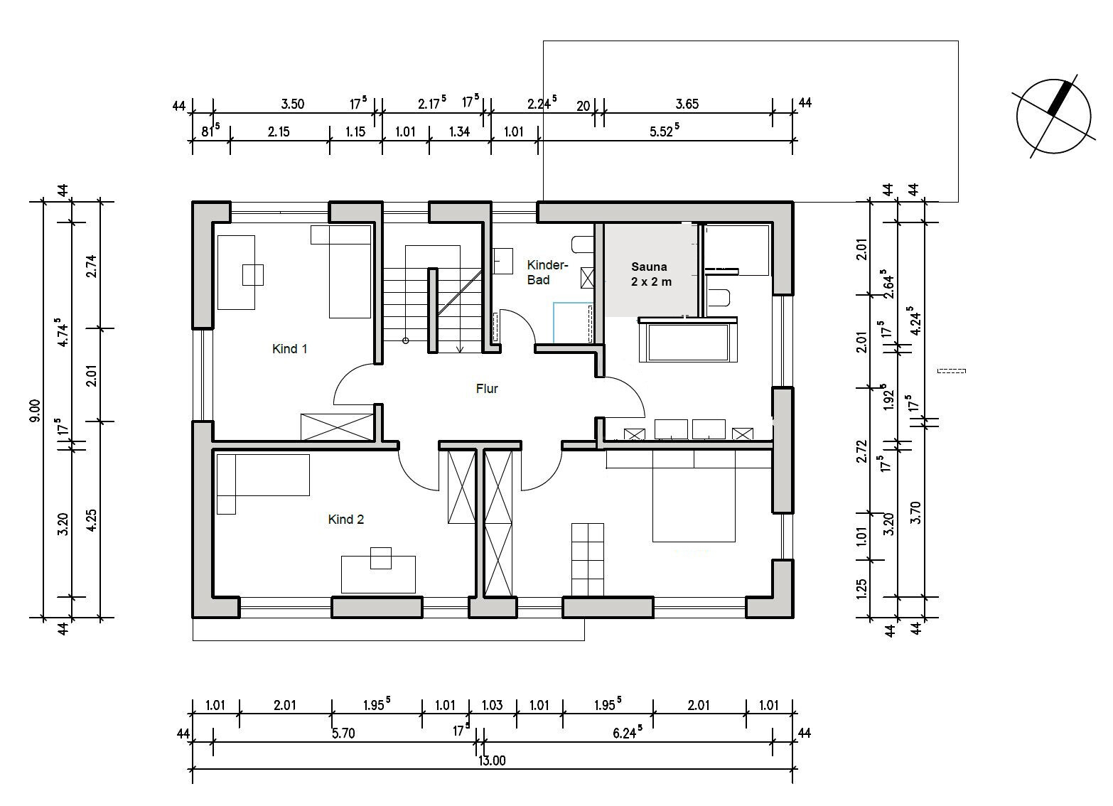 Grundriss eines Hauses: Flur im Zentrum, Kind 1 links, Kind 2 unten, Bad und Sauna.