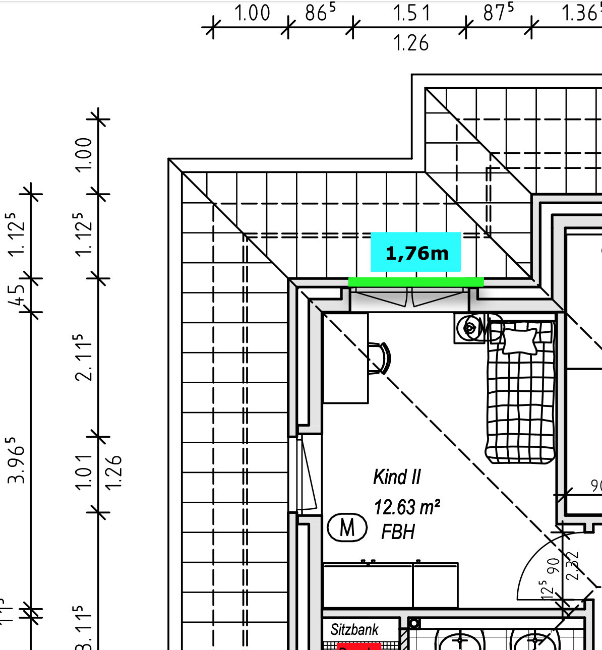 Grundriss eines Innenraums mit Möbeln; hervorgehobene Maßlinie 1,76 m.