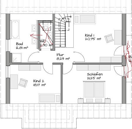 Zweidimensionaler Hausgrundriss mit Flur, Bad, Schlafen und zwei Kinderzimmern