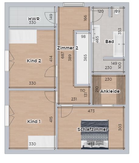 Grundriss eines Wohnhauses: Schlafzimmer, Kind 1, Kind 2, Zimmer 2, Bad, Ankleide, HWR.