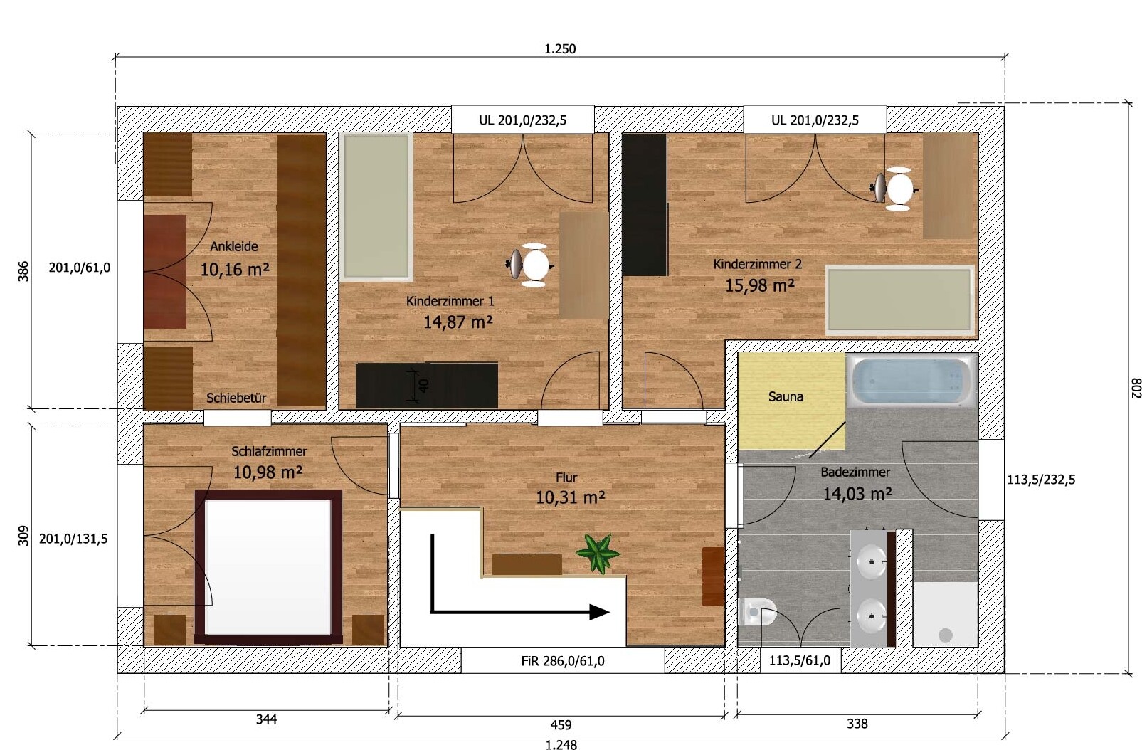 Grundriss einer Wohnung mit Schlafzimmer, Ankleide, Flur, Bad, Sauna und zwei Kinderzimmer.