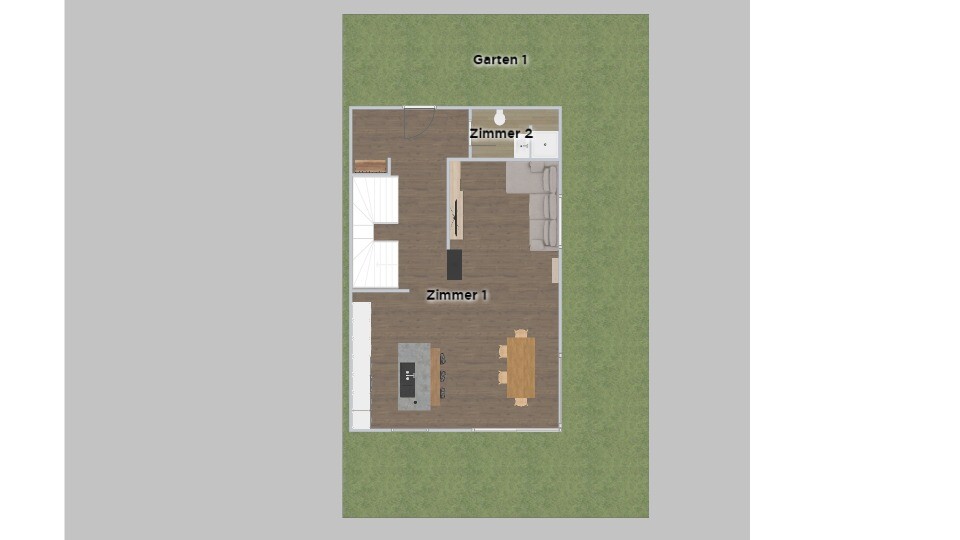 Top-Ansicht Grundriss: Wohnzimmer mit Kücheninsel und Esstisch, Schlafzimmer, Treppe, Garten.