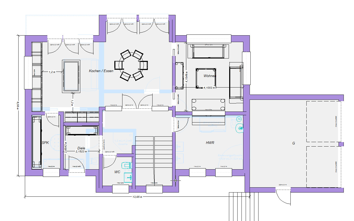 Grundriss eines Hauses: Kochen / Essen, Wohnen, Diele, WC, HWR und Garage (G).