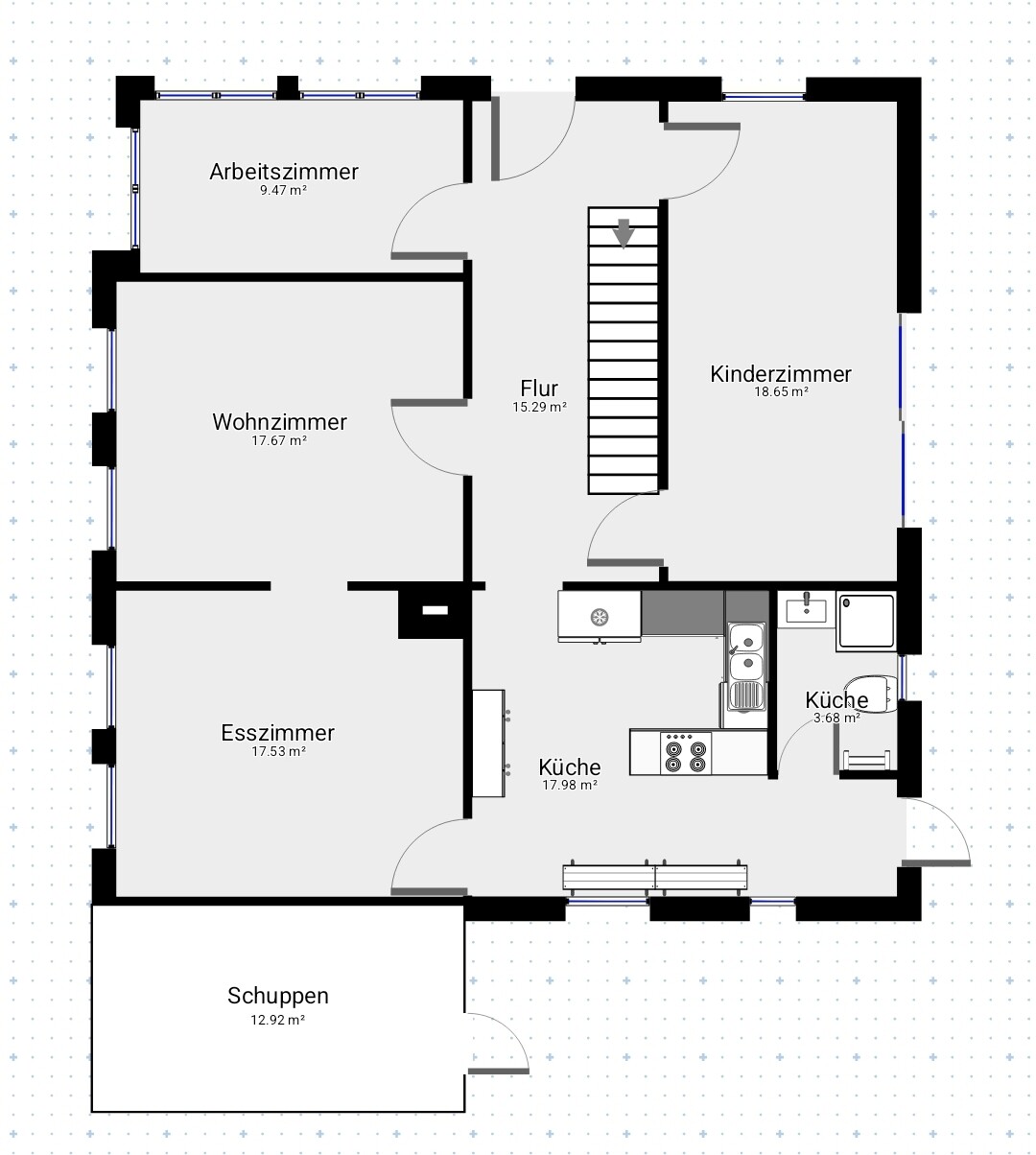 Grundriss: Flur mit Treppe; Wohnzimmer, Arbeitszimmer, Esszimmer, Küche, Kinderzimmer, Schuppen.