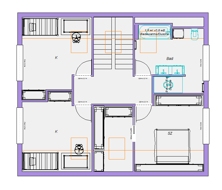 Grundriss einer Wohnungsetage: zentrale Treppe, zwei Küchen (K), SZ, Bad mit Dusche.