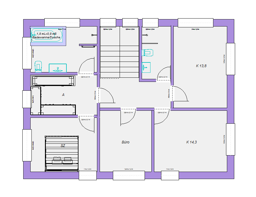 Grundrissplan eines Hauses mit Küche, Büro und Schlafzimmer