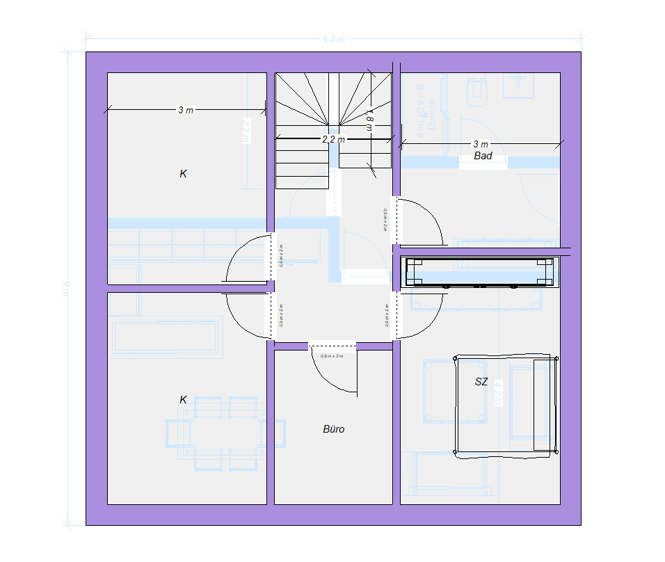 Grundriss eines Hauses mit Küche, Büro, Schlafzimmer und Treppe im Zentrum.