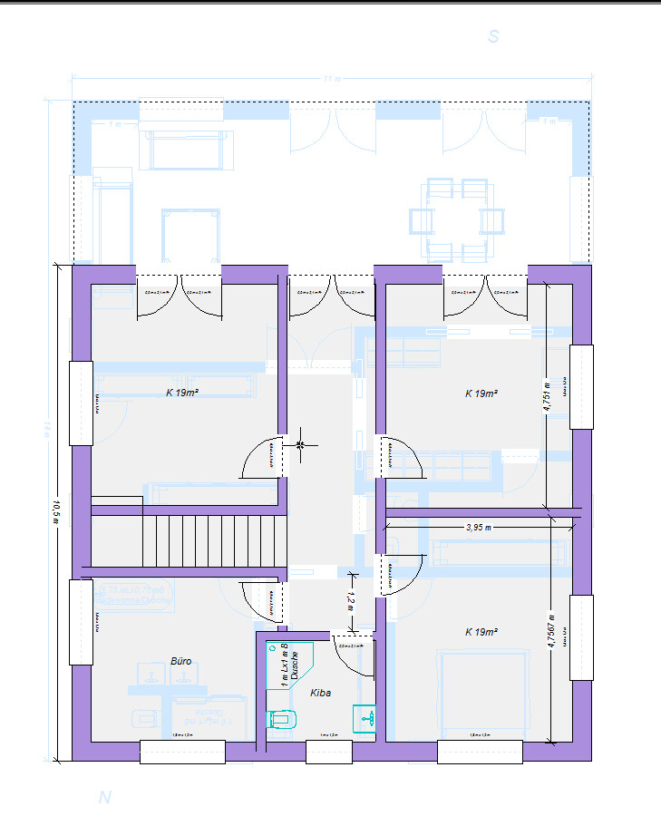 Grundriss eines Hauses mit Flur, drei Zimmer je 19 m², Büro, Küche, Dusche und Treppenhaus.