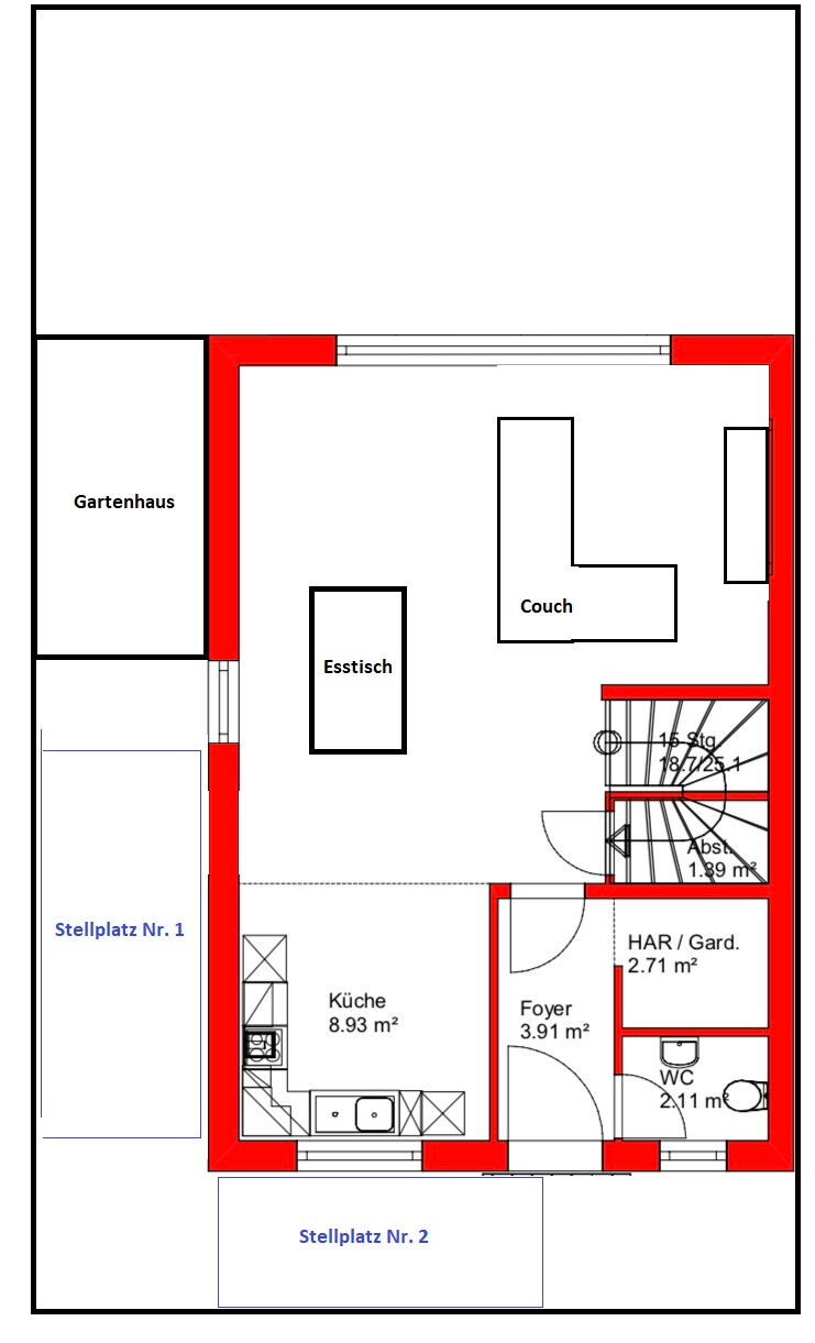 Grundriss eines Hauses: Küche, Esstisch, Couch, Foyer, WC, Treppe, Gartenhaus