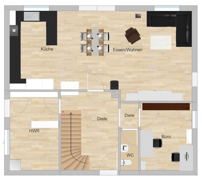Grundriss eines Hauses: Küche links, Ess-/Wohnbereich in der Mitte, Büro rechts, Diele und WC.