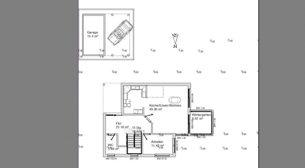 Grundriss eines Hauses: Garage mit Auto; Küche, Flur, Arbeitszimmer, Wintergarten.