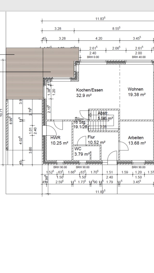 Grundriss eines Hauses mit Küche/Esszimmer, Wohnen, Arbeiten, Flur, WC und HWR.