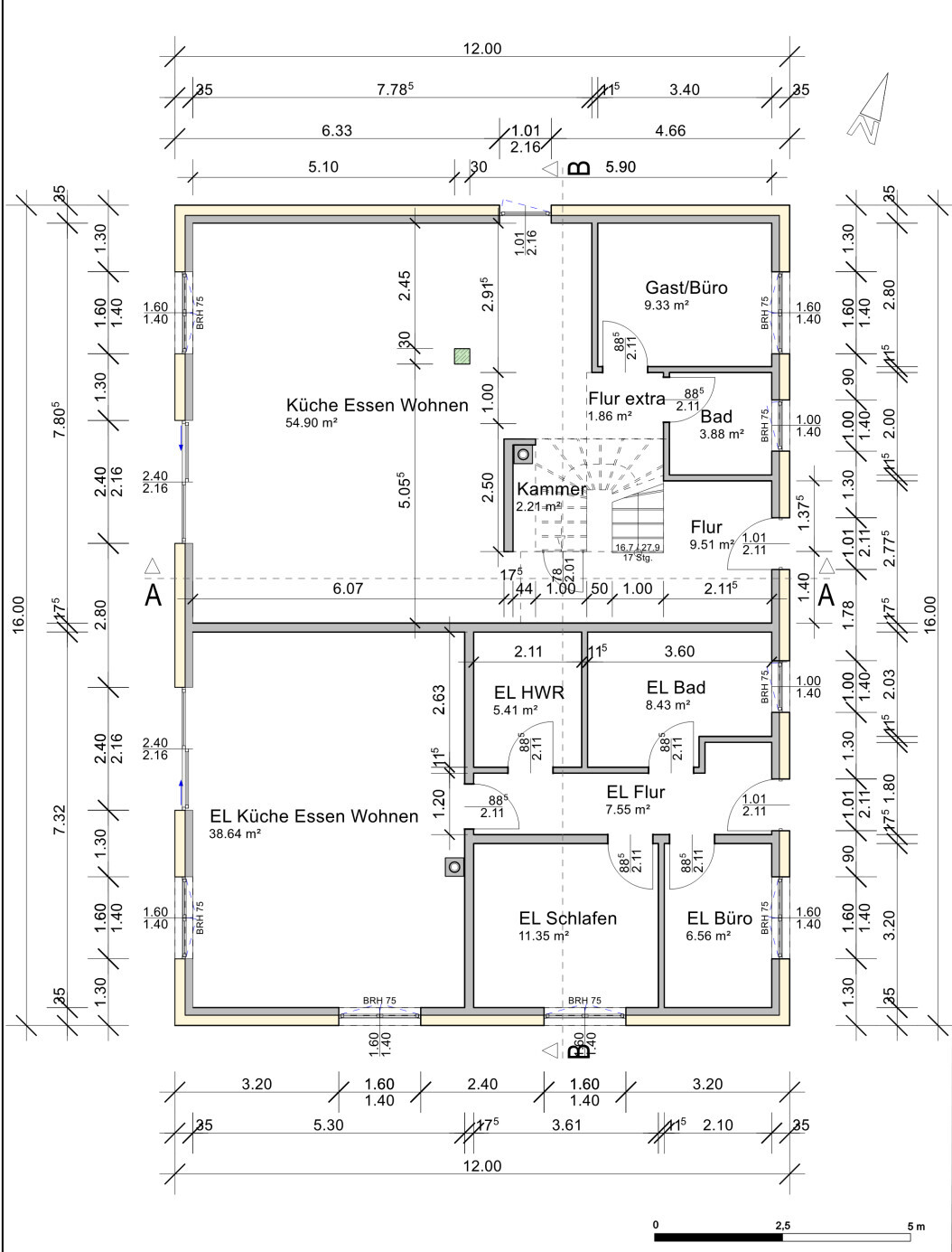 Grundriss eines Hauses: Küche/Essen/Wohnen, Schlafen, Gast/Büro, Bad, Flur, Kammer, HWR.