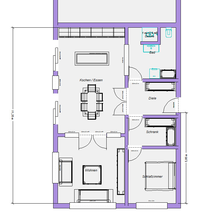 Grundriss eines Hauses: Wohnen, Kochen/Essen, Diele, Schlafzimmer, Bad (Dusche)