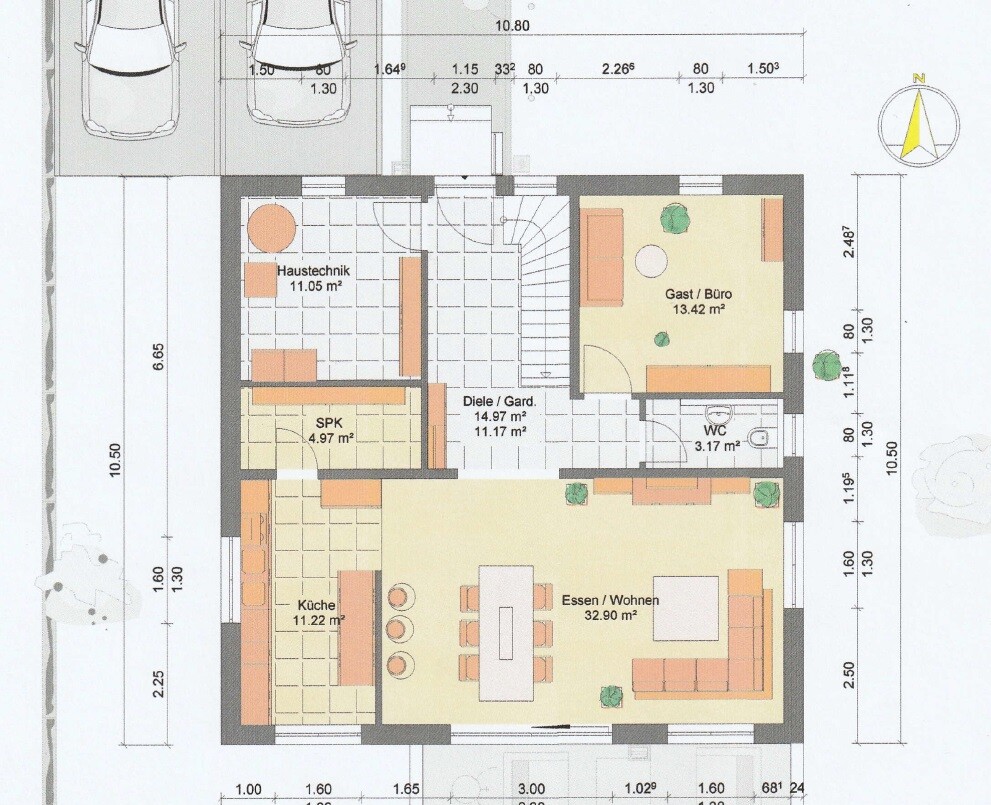 2D-Grundriss eines Hauses mit Küche, Esszimmer, Wohnzimmer, Flur, WC und Haustechnik