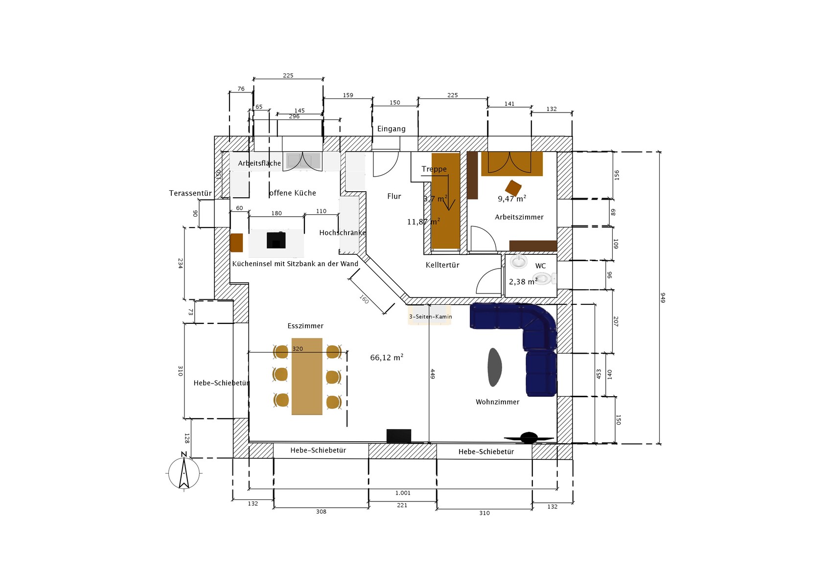 Grundriss eines Hauses: Küche mit Insel, Esszimmer, Wohnzimmer mit blauer Couch, Arbeitszimmer, Flur.