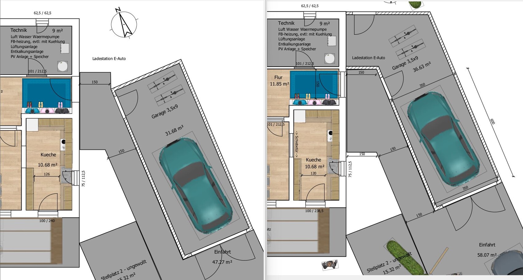 Grundriss eines Hauses mit Küche, Technikraum, Flur und große Garage mit Auto.