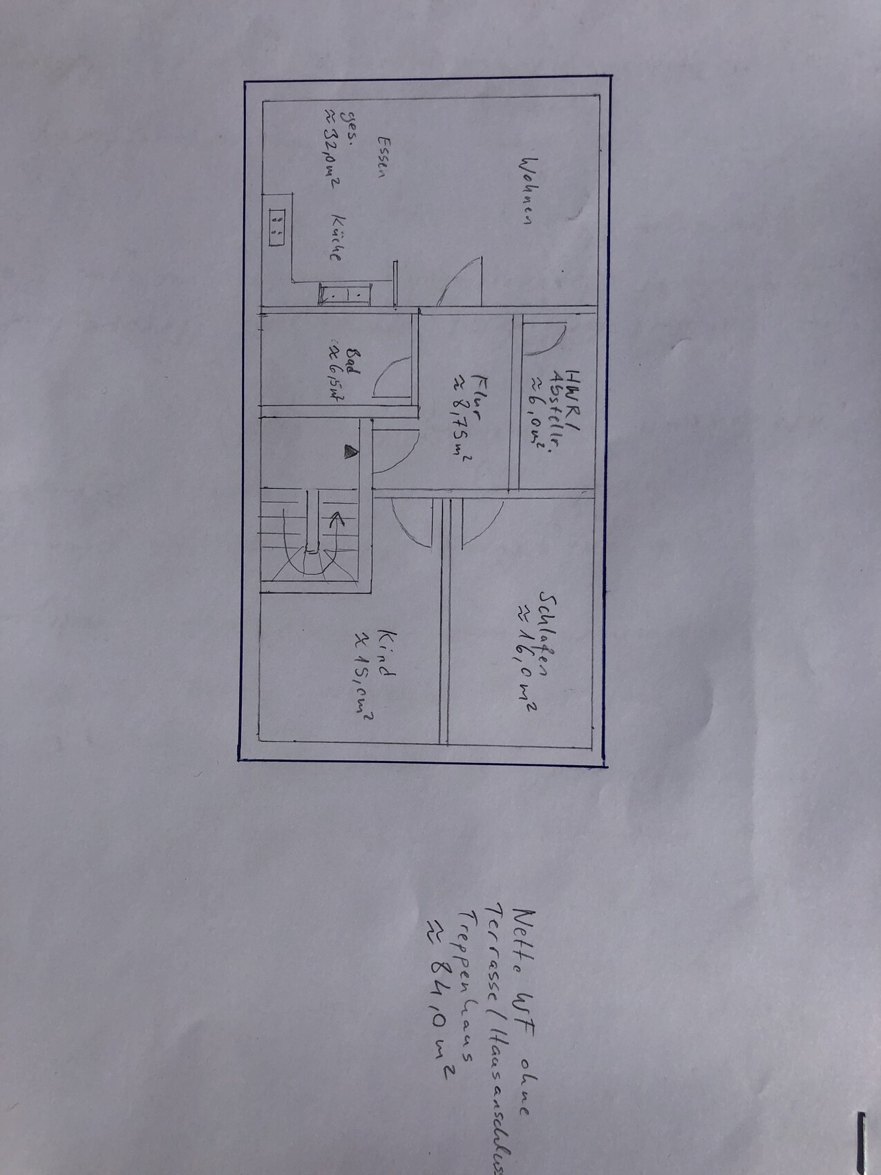 Handgezeichneter Grundriss einer Wohnung mit Wohnen, Essen, Küche, Bad, Flur, Schlafzimmer.