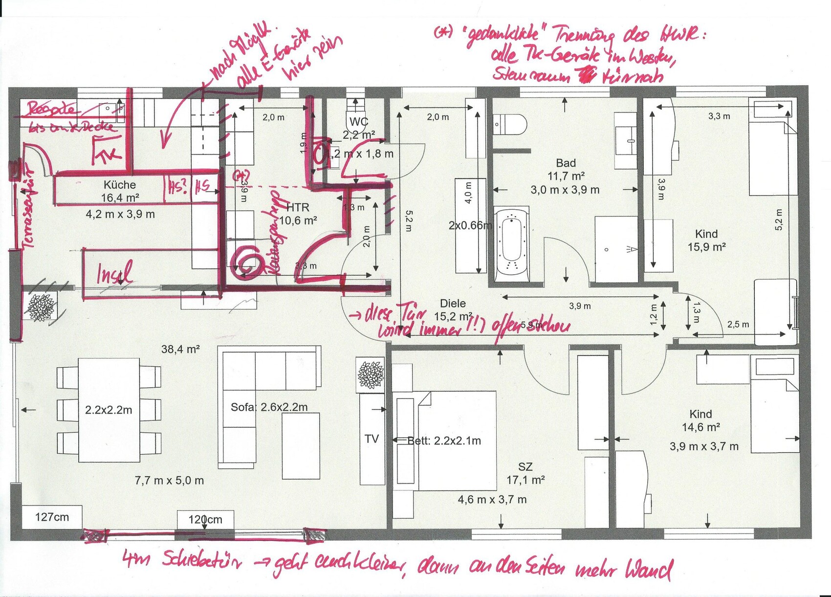 Grundriss eines Hauses mit Küche, Wohnzimmer, Bad, Schlafzimmer, Kinderzimmer und Terrasse