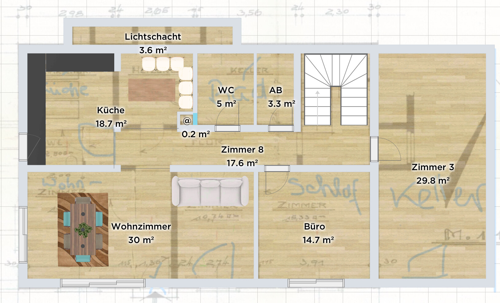 2D Grundriss eines Hauses mit Küche, Wohnzimmer, Büro, Schlafzimmer, Bad, Treppen und Lichtschacht