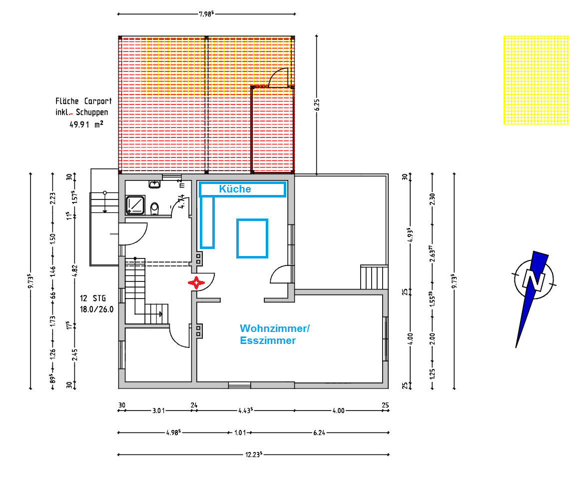 2D Grundrissplan eines Hauses mit Küche, Wohnzimmer/Esszimmer und Carport
