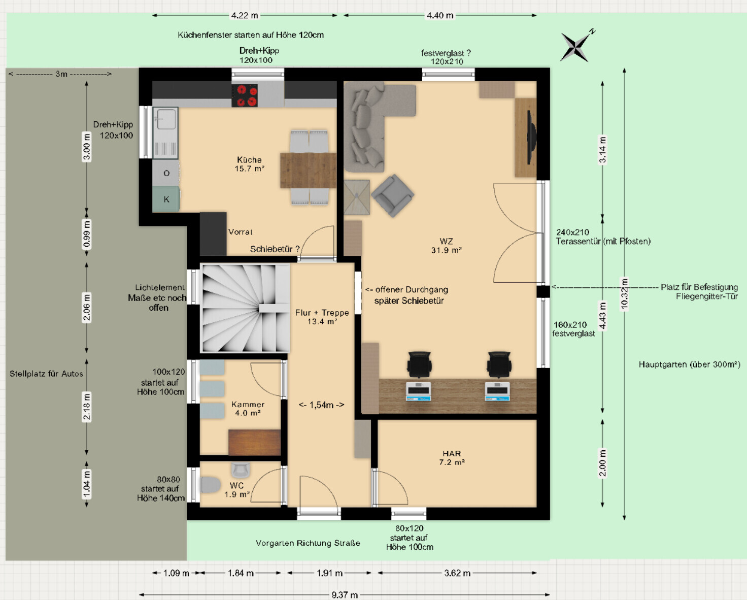 Grundriss: Küche, WZ, Flur/Treppe, WC, Kammer, HAR; Terrassentür, Maße