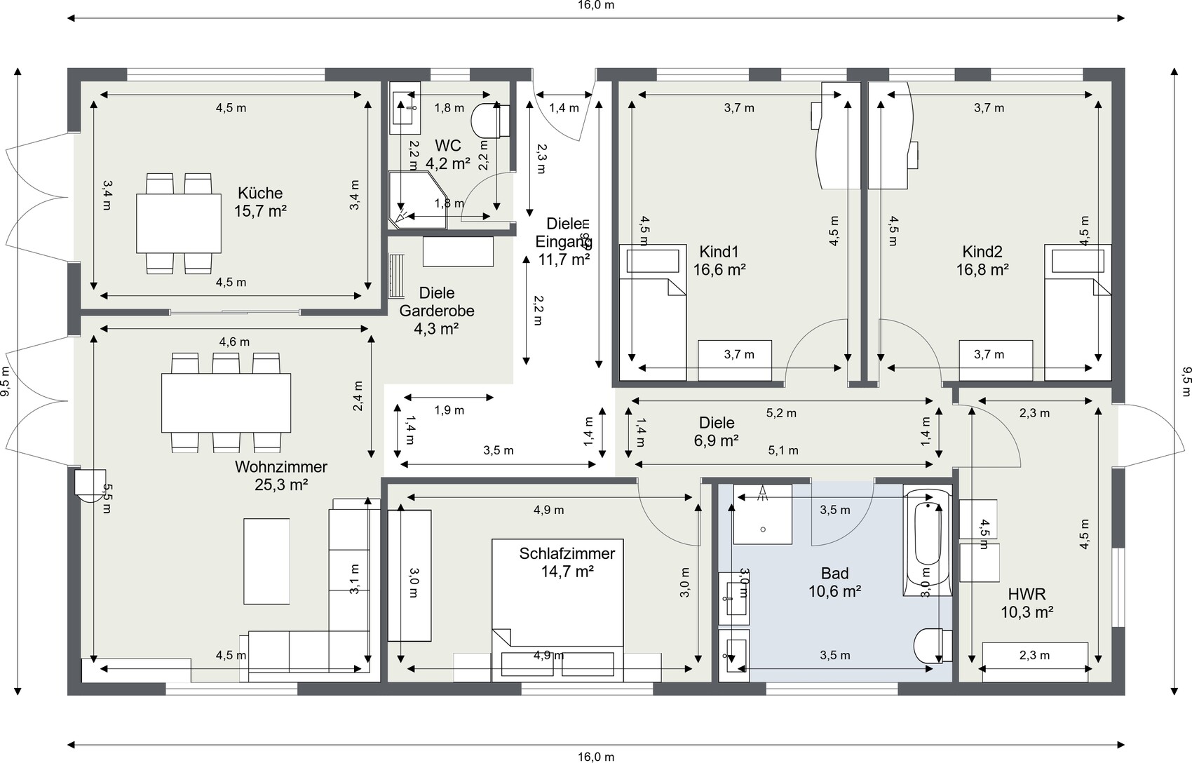 Grundriss eines Hauses mit Küche, Wohnzimmer, Schlafzimmer, Bad und Fluren mit Maßen.