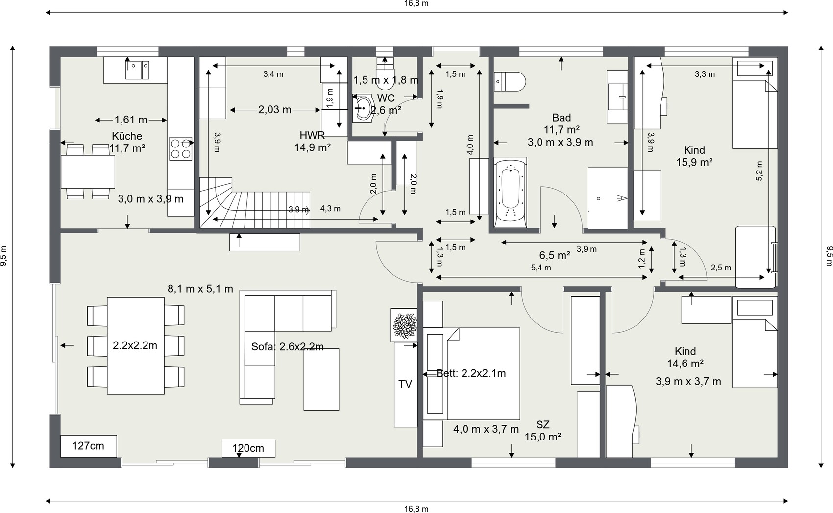 Grundriss eines Hauses: Küche, HWR, WC, Bad, zwei Kinderzimmer, Schlafzimmer und Wohn-/Essbereich.
