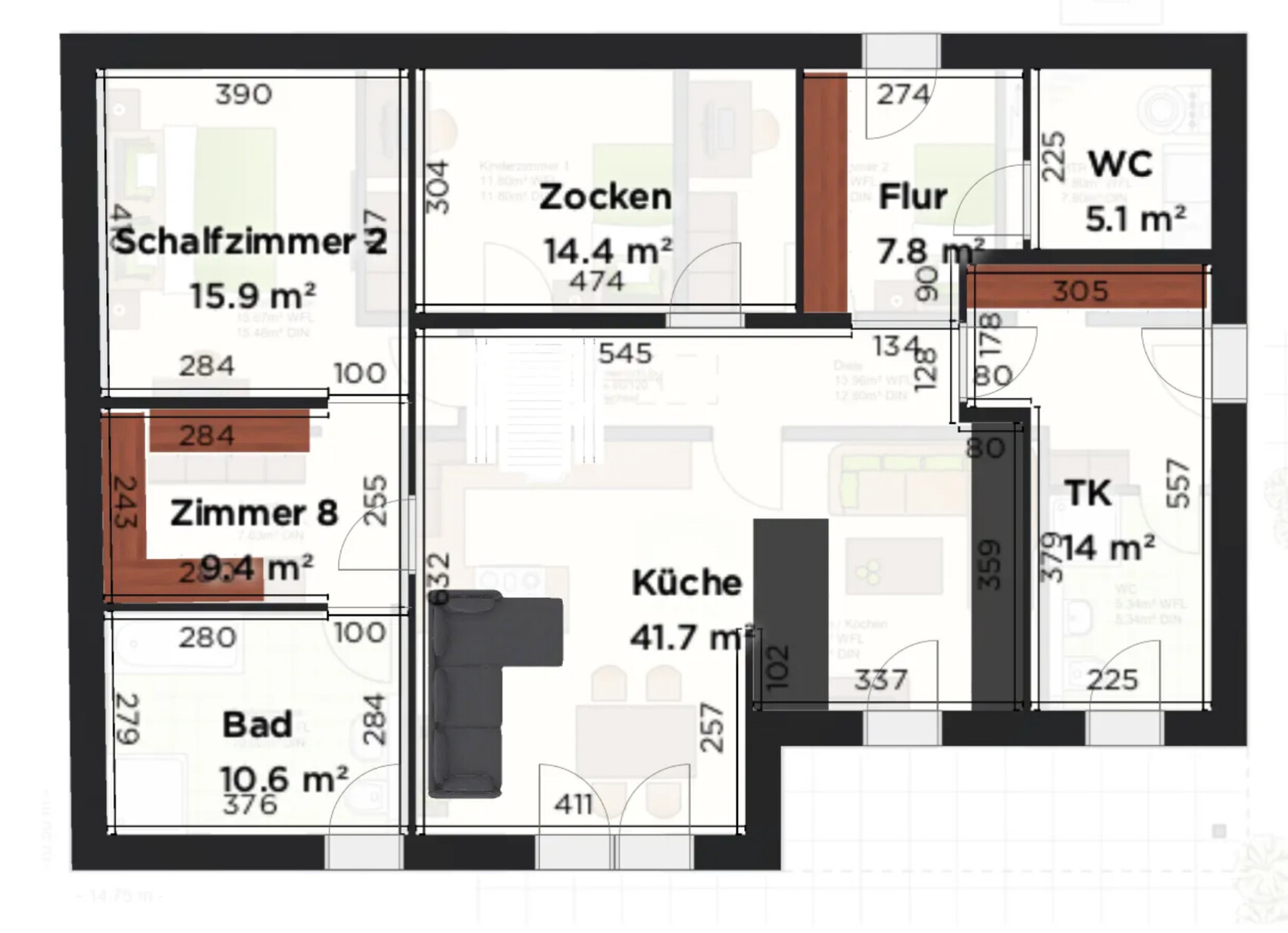 Grundriss einer Wohnung mit Küche, Bad, Flur, WC, Schlafzimmer 2, Zimmer 8, Zocken.