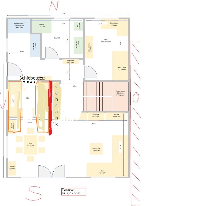 2D-Grundrissplan eines Hauses mit Küche, Essbereich, Wohnzimmer und Terrasse