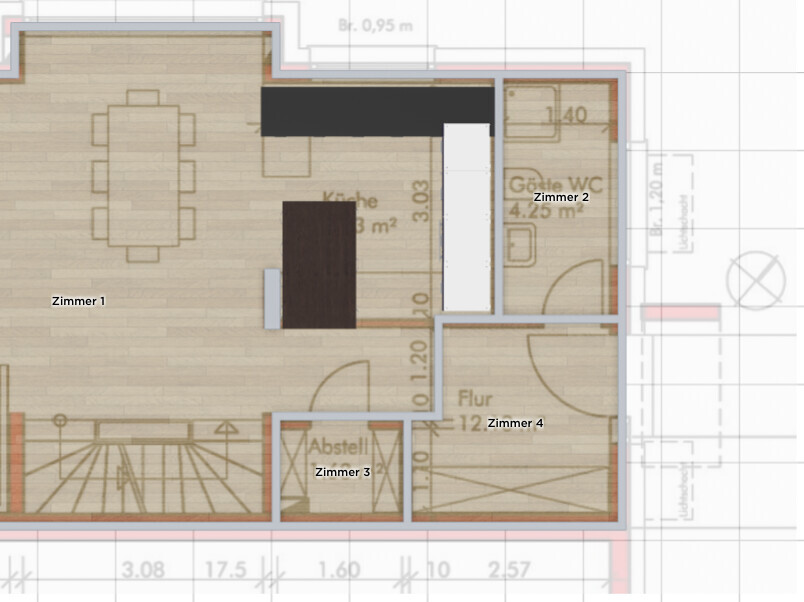 Grundriss eines Hauses: Zimmer 1 Wohnbereich, Küche, Flur, Zimmer 2 Gäste-WC, Zimmer 3 Abstell, Zimmer 4, Treppe.