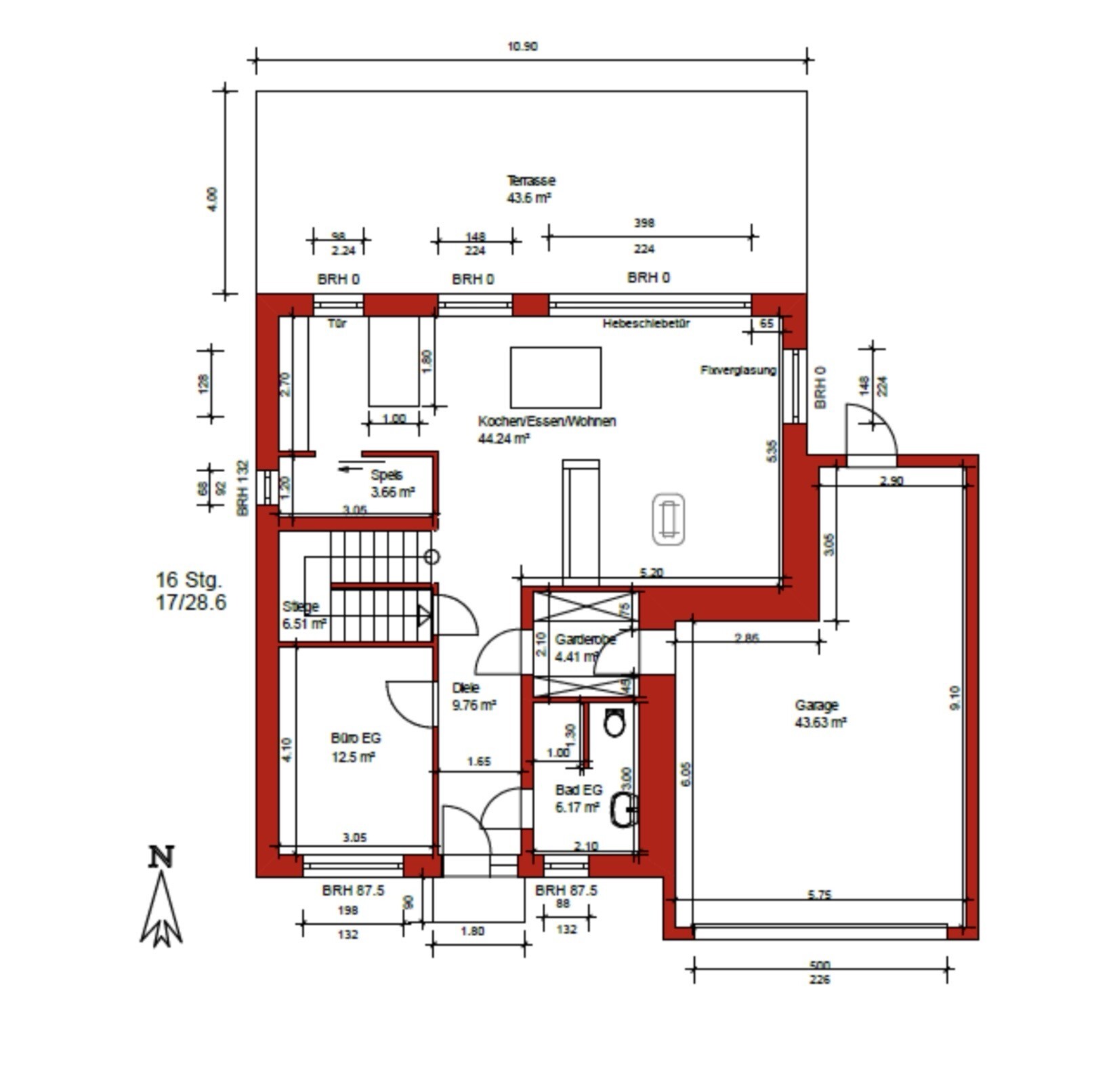 2D-Grundriss eines Hauses mit Küche, Wohnen, Treppe und Garage.