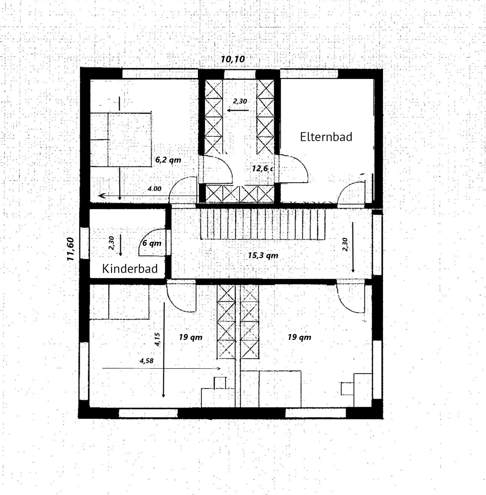 Grundriss eines Obergeschosses mit Elternbad, Kinderbad, zwei 19 qm Zimmer, Flur und Treppenhaus