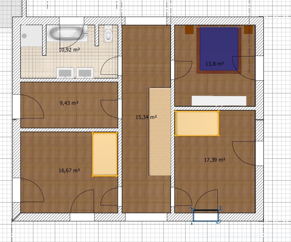 Detailreicher Grundrissplan eines Hauses mit mehreren Zimmern, Flur und Bad.