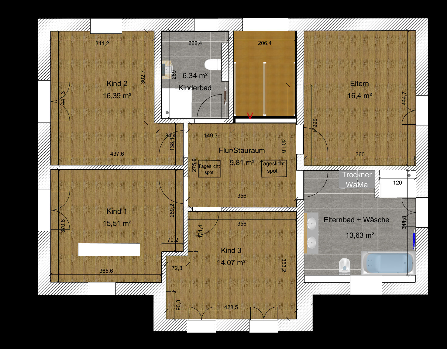 Grundriss eines Mehrzimmer-Hauses mit Kind- und Elternzimmer, Bad und Flur.