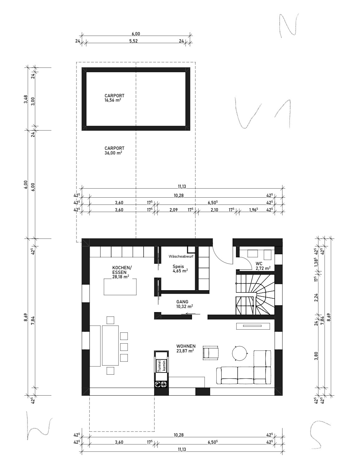 Grundriss eines Hauses mit Carport, Koch/Essen, Wohnen, Gang, Speis, Wäscheabwurf und WC.