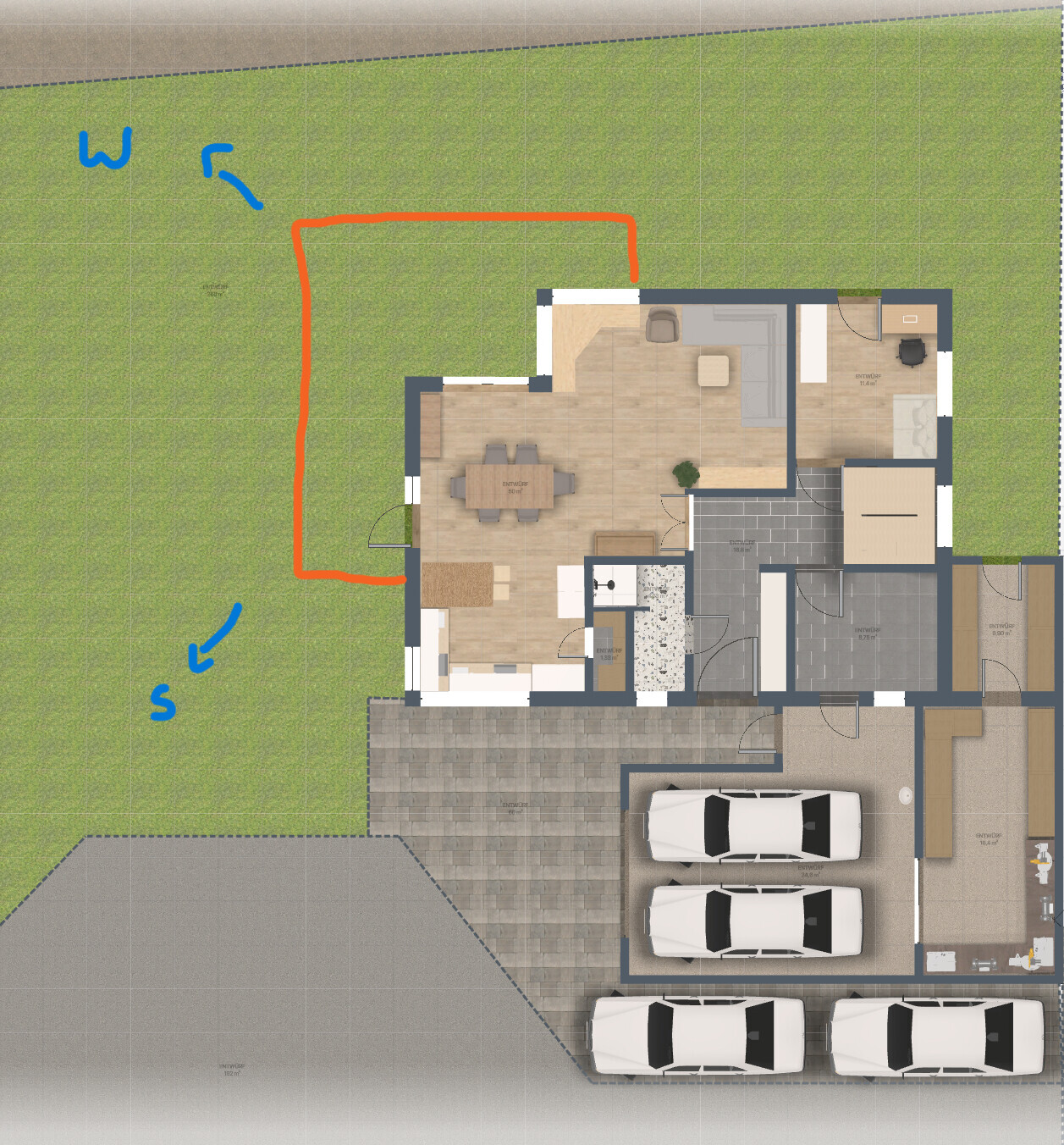 Grundriss von oben: Garten, Küche, Esszimmer, Wohnzimmer, Bad, Garage, rote Wegmarke