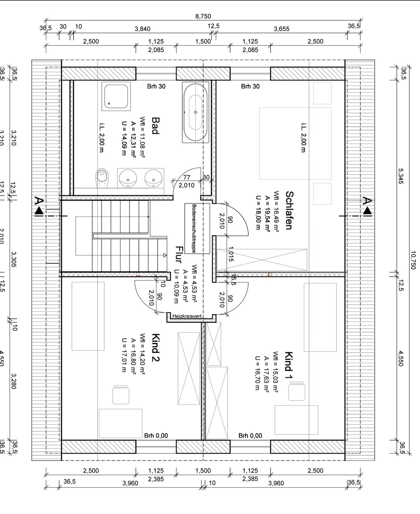 Grundriss eines Wohnhauses mit Bad, Schlafzimmer, zwei Kinderzimmer und Flur.