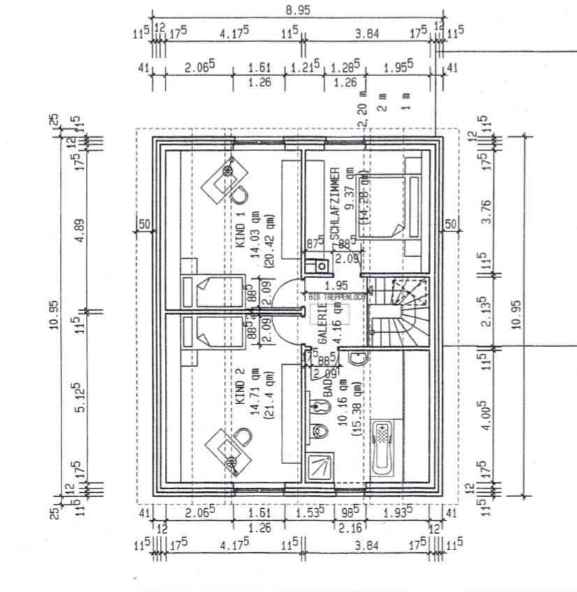 Grundriss eines Hauses: zwei Kinderzimmer, Schlafzimmer, Galerie, Bad und Treppe.