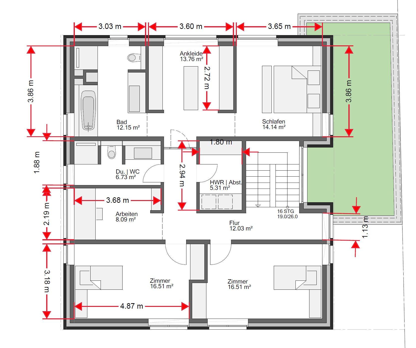 Grundriss eines Hauses mit Bad, WC, Arbeitszimmer, Flur, Schlafen, Ankleide, Zimmer, Terrasse.