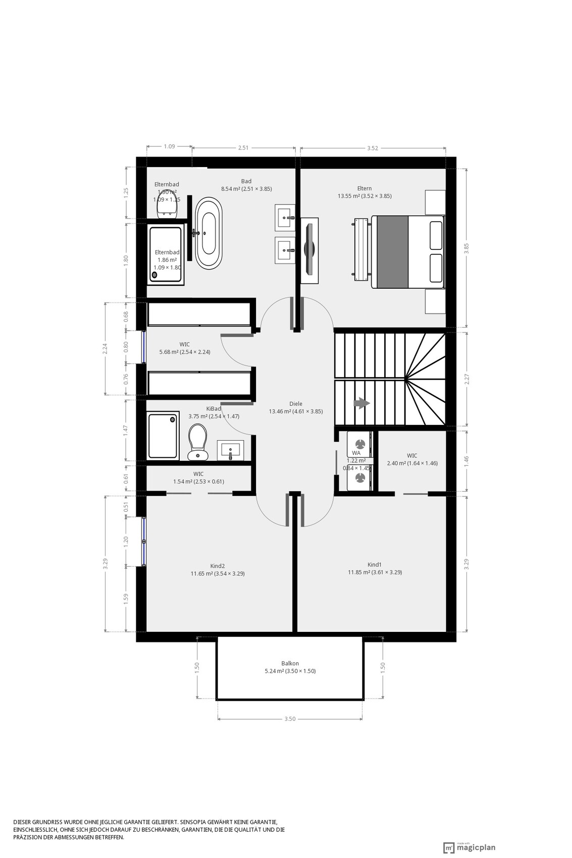 Detaillierter Grundriss eines Hauses mit Eltern- und Kinderzimmern, Bädern, Diele und Balkon.