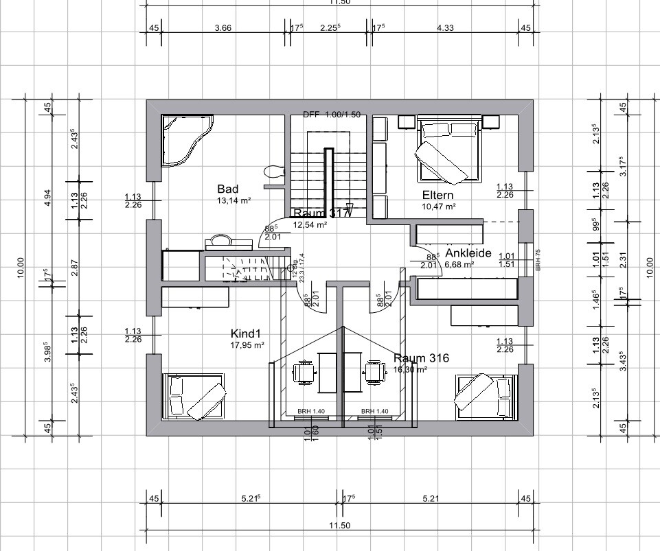 Grundriss eines Obergeschosses mit Bad, Elternzimmer, Ankleide, Kind1 und Raum 316