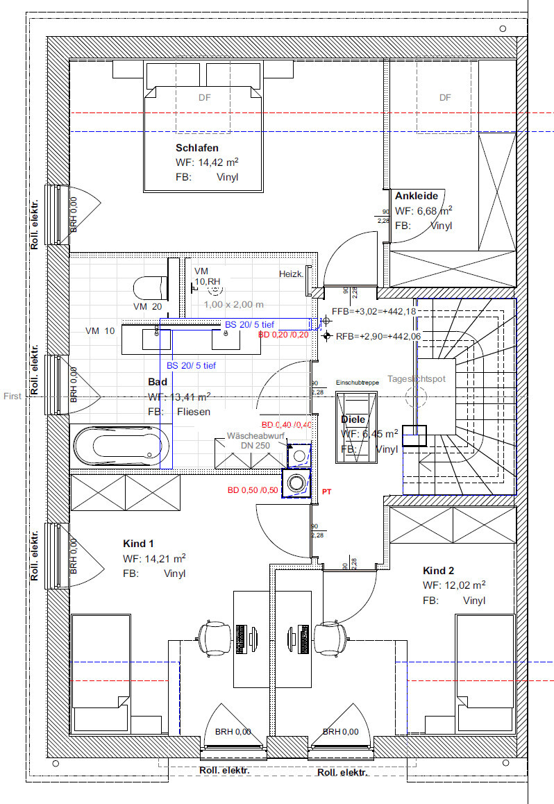 Grundriss eines Wohnhauses: Schlafen, Ankleide, Bad, Diele, Kind 1, Kind 2, Treppenhaus.