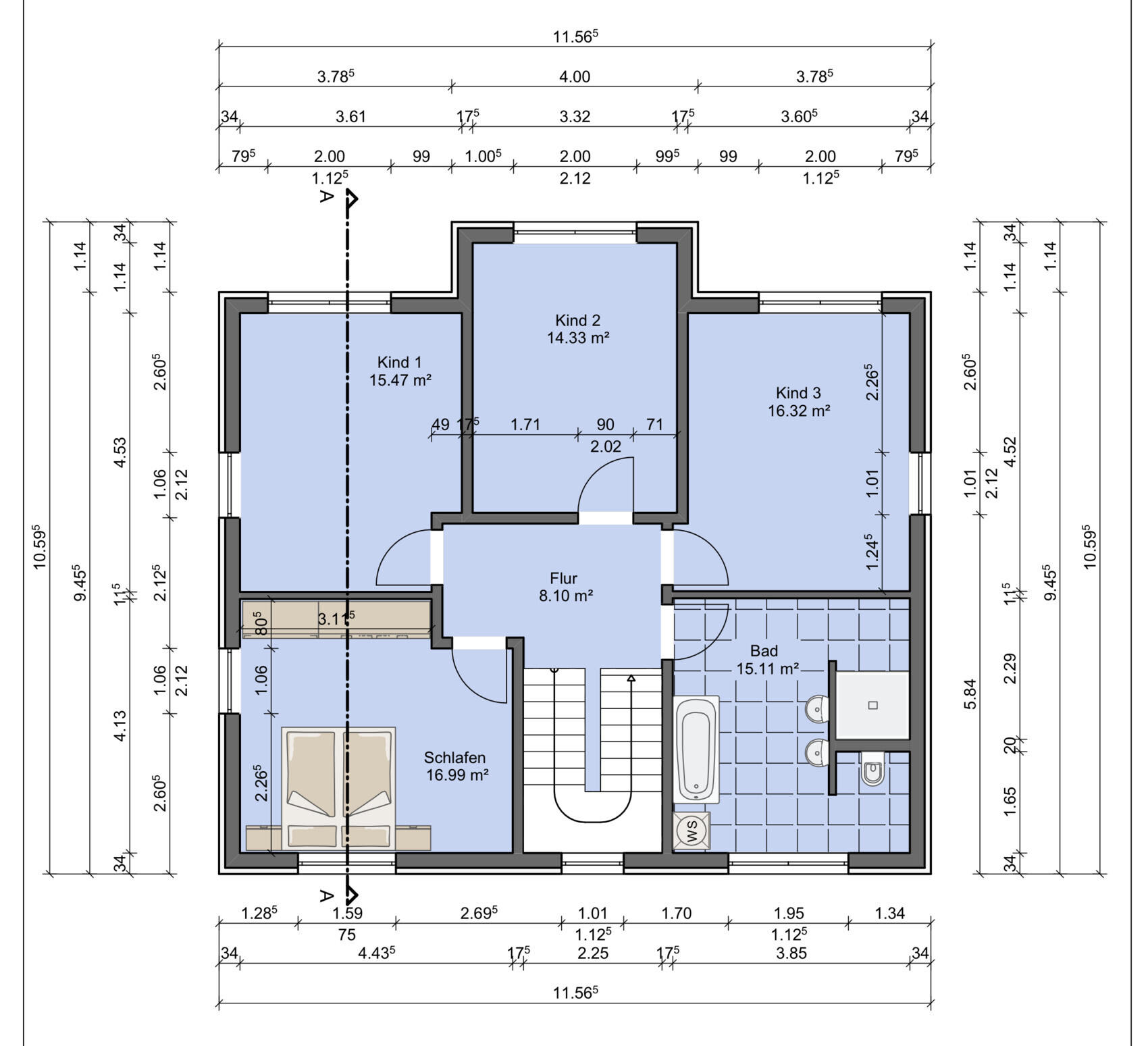 Detaillierter Grundriss eines Hausobergeschosses mit Schlafzimmer, Bad, Flur und Kinderzimmern.