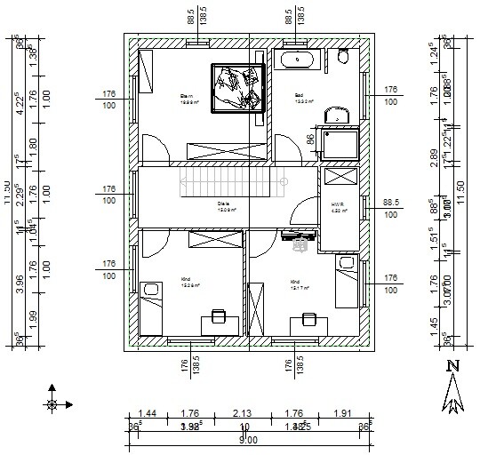 Zweidimensionaler-Obergeschoss-Grundriss-eines-Hauses-mit-Treppenaufgang-Bad-Schlafzimmer-Kinderzimmer
