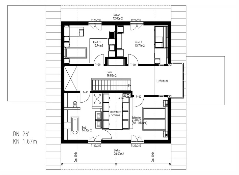 Grundriss des Obergeschosses: Flur, 2 Kinderzimmer, Schlafzimmer, Bad, Balkon, Luftraum.