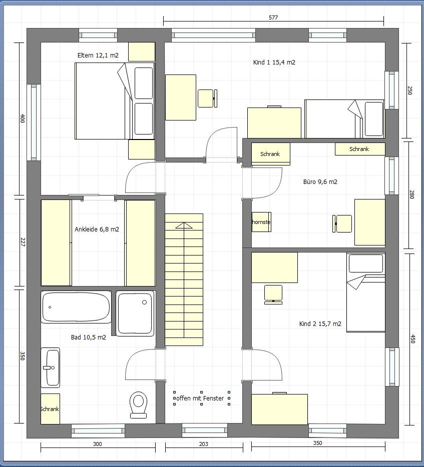 Grundriss eines Hauses mit Treppenhaus, Elternschlafzimmer, zwei Kinderzimmer, Bad, Büro, Ankleide.
